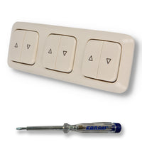 EBROM SET IDEE: BUSCH JÄGER 3 x Jalousieschalter Rolladenschalter 2000/4 US (2000/4US) DURO2000 cremeweiß glänzend Komplettset mit Aufdruck Pfeil auf/ab + EBROM Phasenprüfer zur Montage