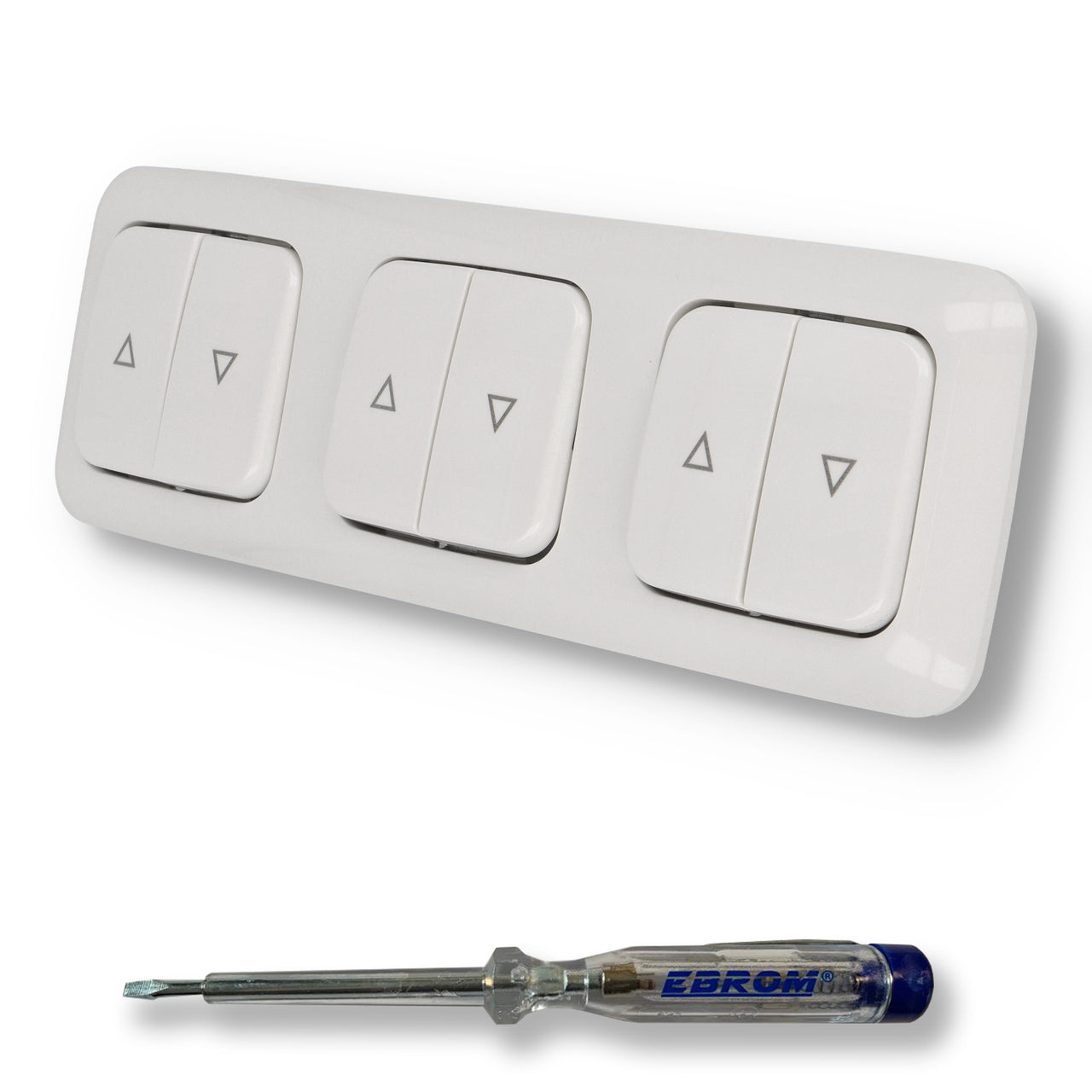 EBROM SET IDEE: BUSCH JÄGER 3 x Jalousieschalter Rolladenschalter 2000/4 US (2000/4US) Reflex Si alpinweiß glänzend Komplettset mit Aufdruck Pfeil auf/ab + EBROM Phasenprüfer zur Montage