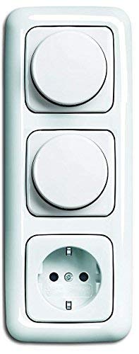 LED Dimmer Set BUSCH JÄGER, 2 x LED-Drehdimmer -alpinweiß- -Reflex SI- 6523-U 102 (6523 U-102) 3 fach Rahmen + Steckdose mit integriertem Berührungsschutz (Kinderschutz)