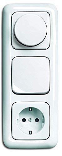 LED Dimmer KomplettSet BUSCH JÄGER, Drehdimmer alpinweiß Reflex SI 6523-U 102 (6523 U-102) in 3fach Rahmen + Steckdose mit integriertem erhöhtem Berührungsschutz (Kinderschutz) + Wippschalter + Wippe