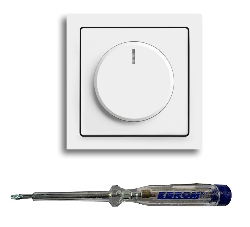 Busch Jäger 6523U-102 LED-Drehdimmer LED-Dimmer mit Dimmerscheibe Zentralplatte 6540-84-102 und Einfachrahmen in Future Linear Studioweiß glänzend inklusive EBROM Phasenprüfer zur Montage des Dimmers