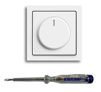 Busch Jäger 6523U-102 LED-Drehdimmer LED-Dimmer mit Dimmerscheibe Zentralplatte 6540-84-102 und Einfachrahmen in Future Linear Studioweiß glänzend inklusive EBROM Phasenprüfer zur Montage des Dimmers