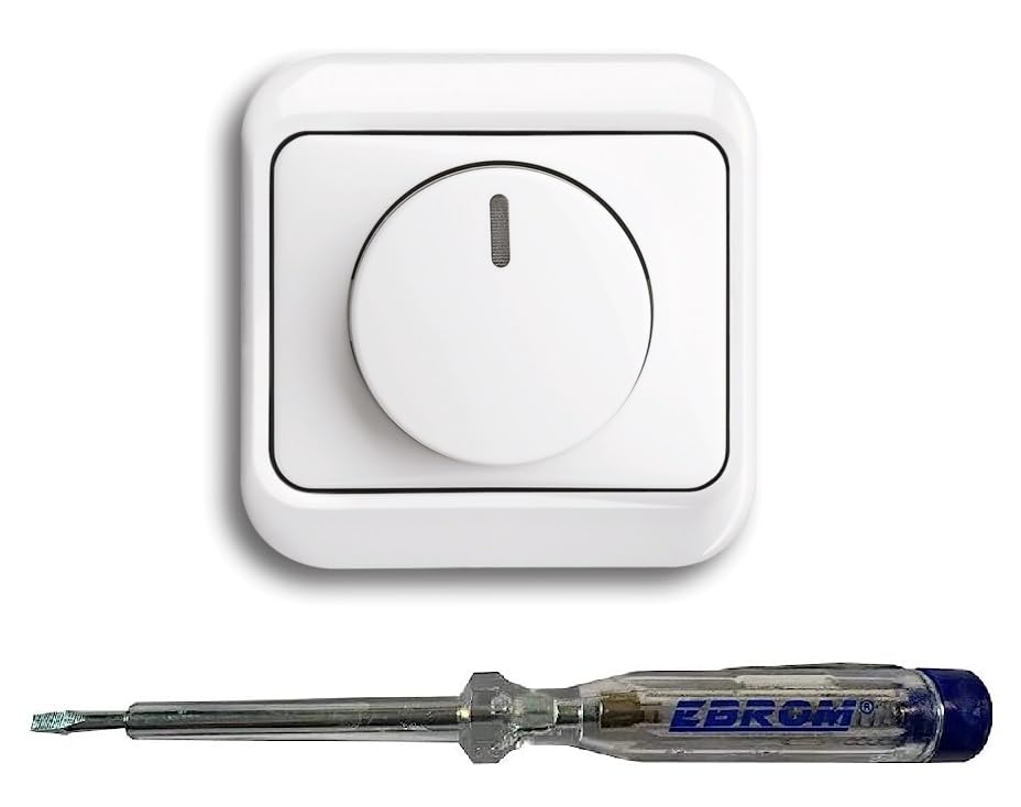 Busch Jäger 6523U-102 LED-Drehdimmer LED-Dimmer mit Dimmerscheibe Zentralplatte 6540-24G und Einfachrahmen in alpha studioweiß glänzend inklusive EBROM Phasenprüfer zur Montage des Dimmers