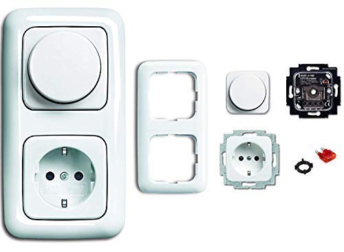 BUSCH-JÄGER, LED Dimmer (Drehdimmer) Komplett-Set -alpinweiß- Reflex SI- 6523-U 102 (6523 U-102) 2 fach Rahmen inkl. Steckdose
