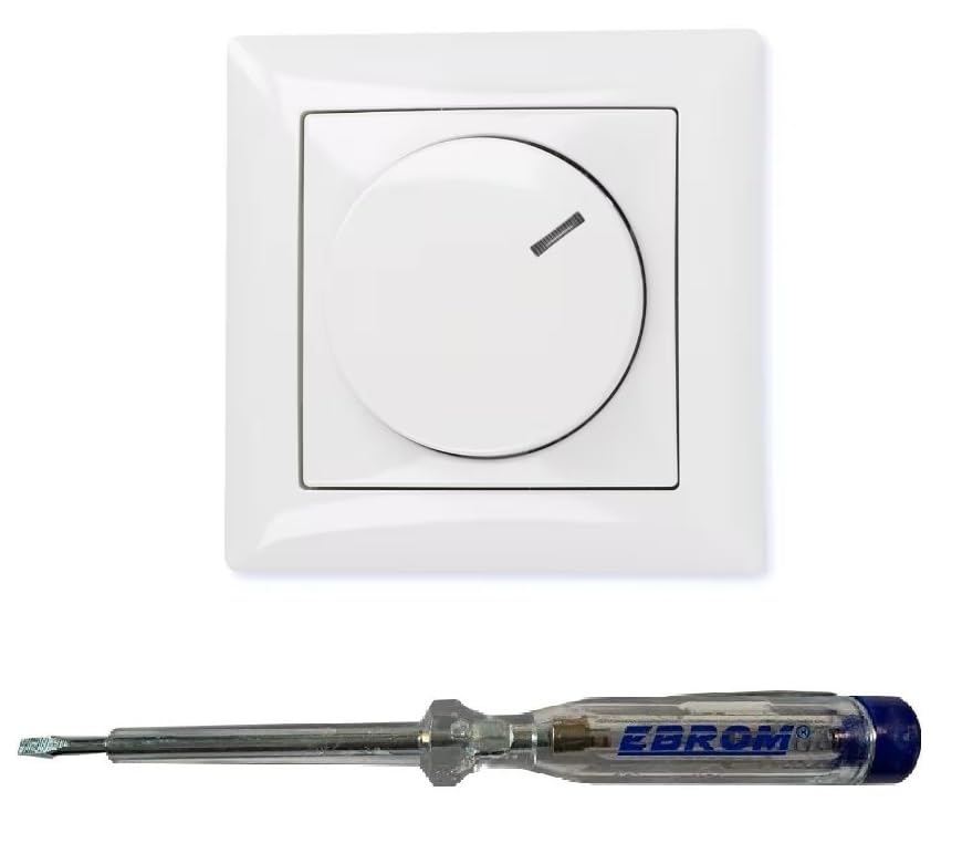 Busch Jäger 6523U-102 LED-Drehdimmer LED-Dimmer mit Dimmerscheibe Zentralplatte 2115-914 und Einfachrahmen in Balance Si alpinweiß glänzend inklusive EBROM Phasenprüfer zur Montage des Dimmers