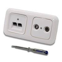 Busch Jäger, Rutenbeck Unterputz Netzwerkdose 10 Gigabit/S (10GbE) KAT6A 6A 2 x RJ45 Anschluss + WISI 2-Loch Durchgangsdose im BJ ReflexSi alpinweiß Design + EBROM Phasenprüfer z. Montage d. Geräte