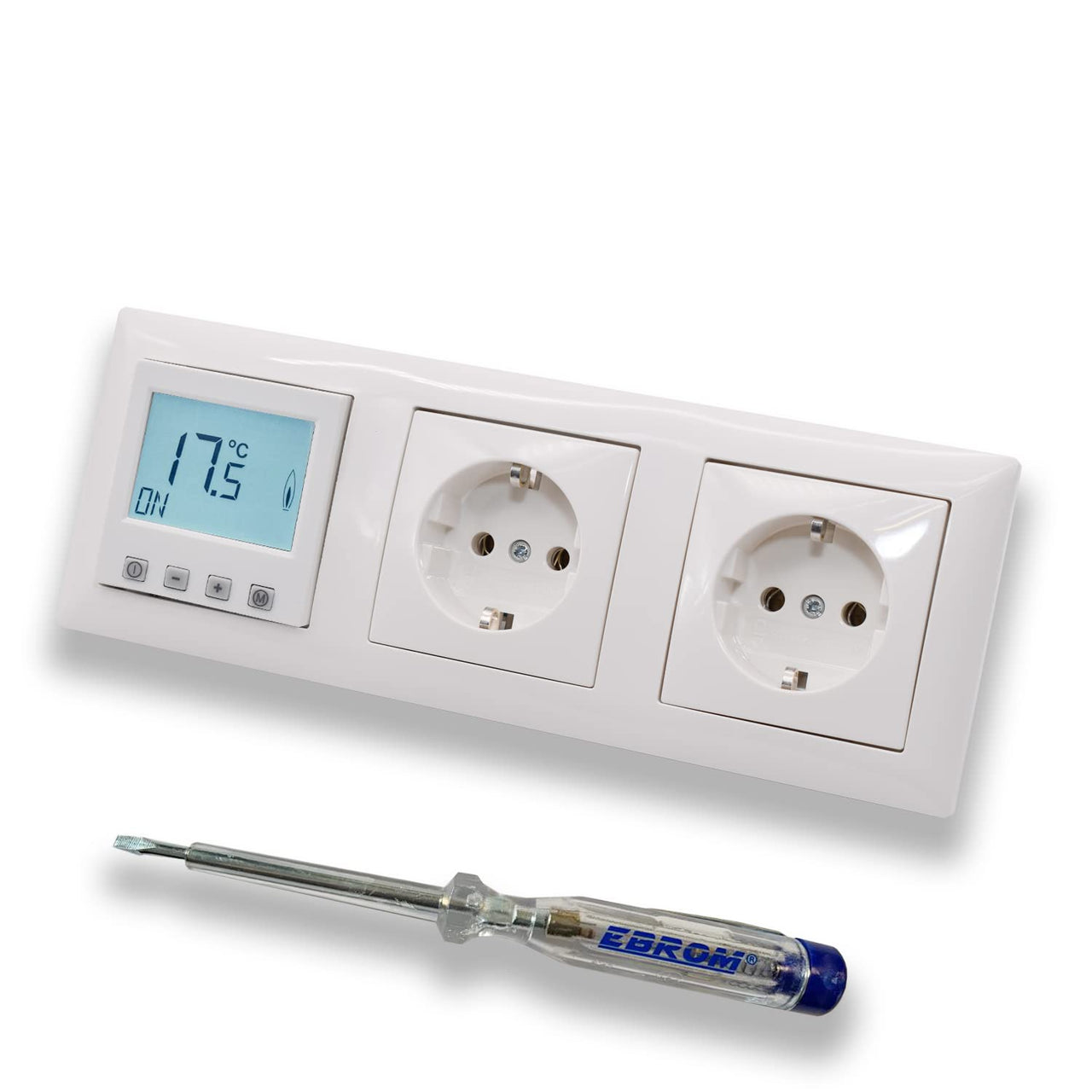 Halmburger Raumthermostat Raumtemperaturregler ERD-55rg DIGITAL in Busch Jäger Balance SI alpinweiß 3f Rahmen + 2 x Steckdose 20EUC-914 + EBROM Phasenprüfer zur Montage der Geräte, Fußbodenheizung