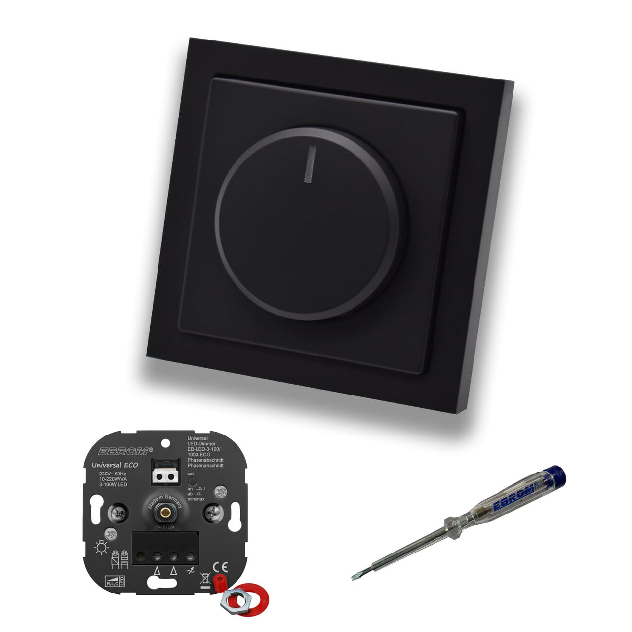 EBROM 1003 Universal ECO LED-Drehdimmer LED Dimmer mit Busch Jäger Dimmerscheibe Zentralplatte 6540-885-102 Einfachrahmen in Future Linear Schwarz matt + EBROM Phasenprüfer z. Montage des Geräts