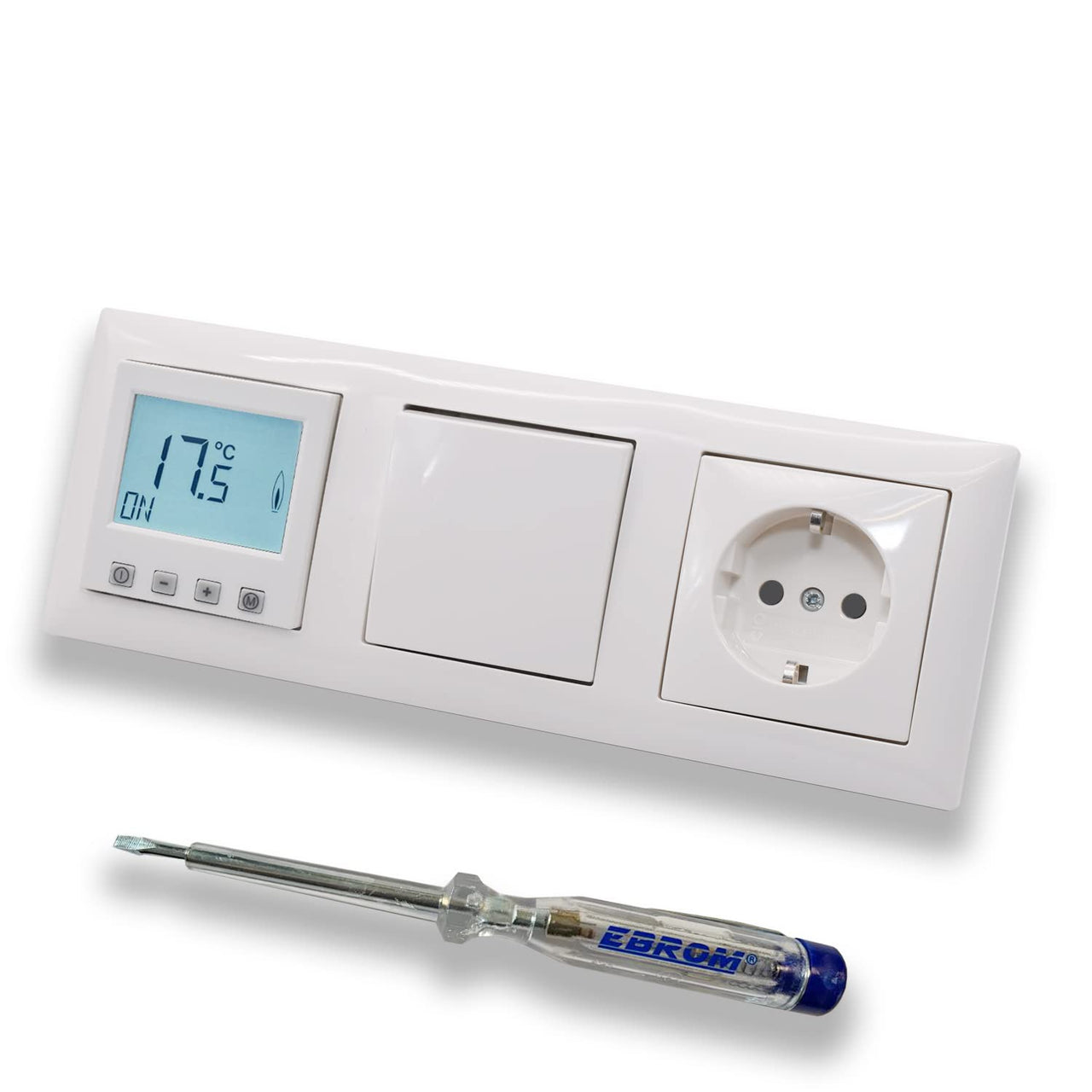 Halmburger Raumthermostat Raumtemperaturregler ERD-55rg DIGITAL in Busch Jäger Balance SI alpinweiß Lichtschalter und Steckdose mit erhöhtem Berührungsschutz + EBROM Phasenprüfer z. Montage d. Geräte