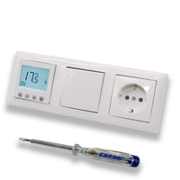 Halmburger Raumthermostat Raumtemperaturregler ERD-55rg DIGITAL in Busch Jäger Balance SI alpinweiß Lichtschalter und Steckdose mit erhöhtem Berührungsschutz + EBROM Phasenprüfer z. Montage d. Geräte