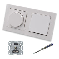 GIRA 245500 LED Drehdimmer Dimmer + Dimmerscheibe Zentralscheibe 065003 und Lichttaster 015100 in Gira E2 reinweiß glänzend inklusive EBROM Phasenprüfer zur Montage der Geräte