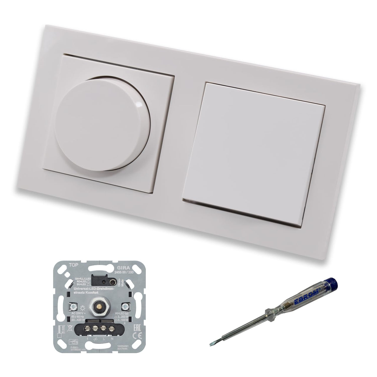 GIRA 245500 LED Drehdimmer Dimmer + Dimmerscheibe Zentralscheibe 065003 und Kreuzschalter 010700 in Gira E2 reinweiß glänzend inklusive EBROM Phasenprüfer zur Montage der Geräte
