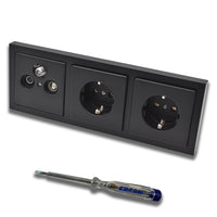 Busch Jäger SET: Unterputz 3Loch Dose 47-2150 MHz, Enddose Stichdose, Radio/TV/SAT-Kompatibilität + Future Linear Schwarz Matt Rahmen + 2x Steckdose 20EUC-84 + EBROM Phasenprüfer zur Montage d. Geräte