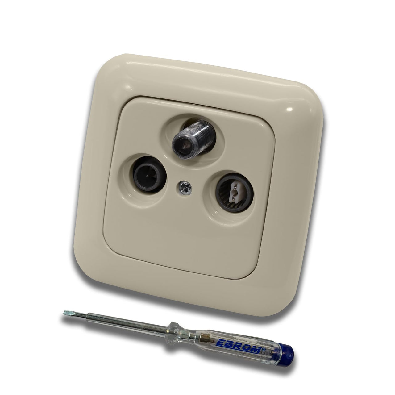 Busch Jäger SET: Unterputz 3-Loch Dose 47-2150 MHz, Enddose - Stichdose, Radio/TV/SAT-Kompatibilität. Inkl. DURO2000 cremeweiß 1fach Rahmen + Abdeckung + EBROM Phasenprüfer zur Montage des Geräts