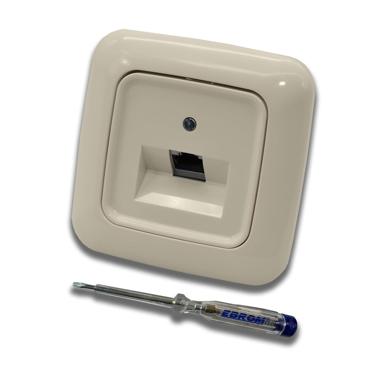Busch Jäger, Rutenbeck Unterputz Netzwerkdose Ethernet 10 Gigabit/S (10GbE) KAT6A 6A - 1x RJ45 Anschluss in DURO2000 cremeweiß Rahmen und UAE Abdeckung inkl. EBROM Phasenprüfer zur Montage des Geräts