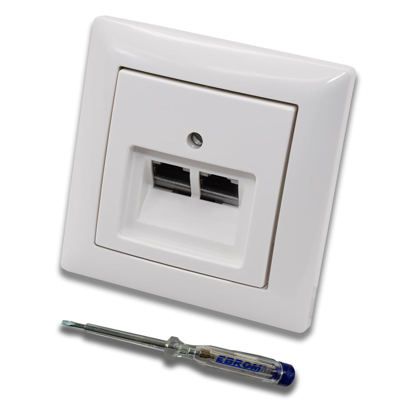 Busch Jäger, Rutenbeck Unterputz Netzwerkdose Ethernet 10 Gigabit/S (10GbE) KAT6A 6A - 2xRJ45 Anschluss in BalanceSi alpinweiß Rahmen und UAE Abdeckung inkl. EBROM Phasenprüfer zur Montage des Geräts