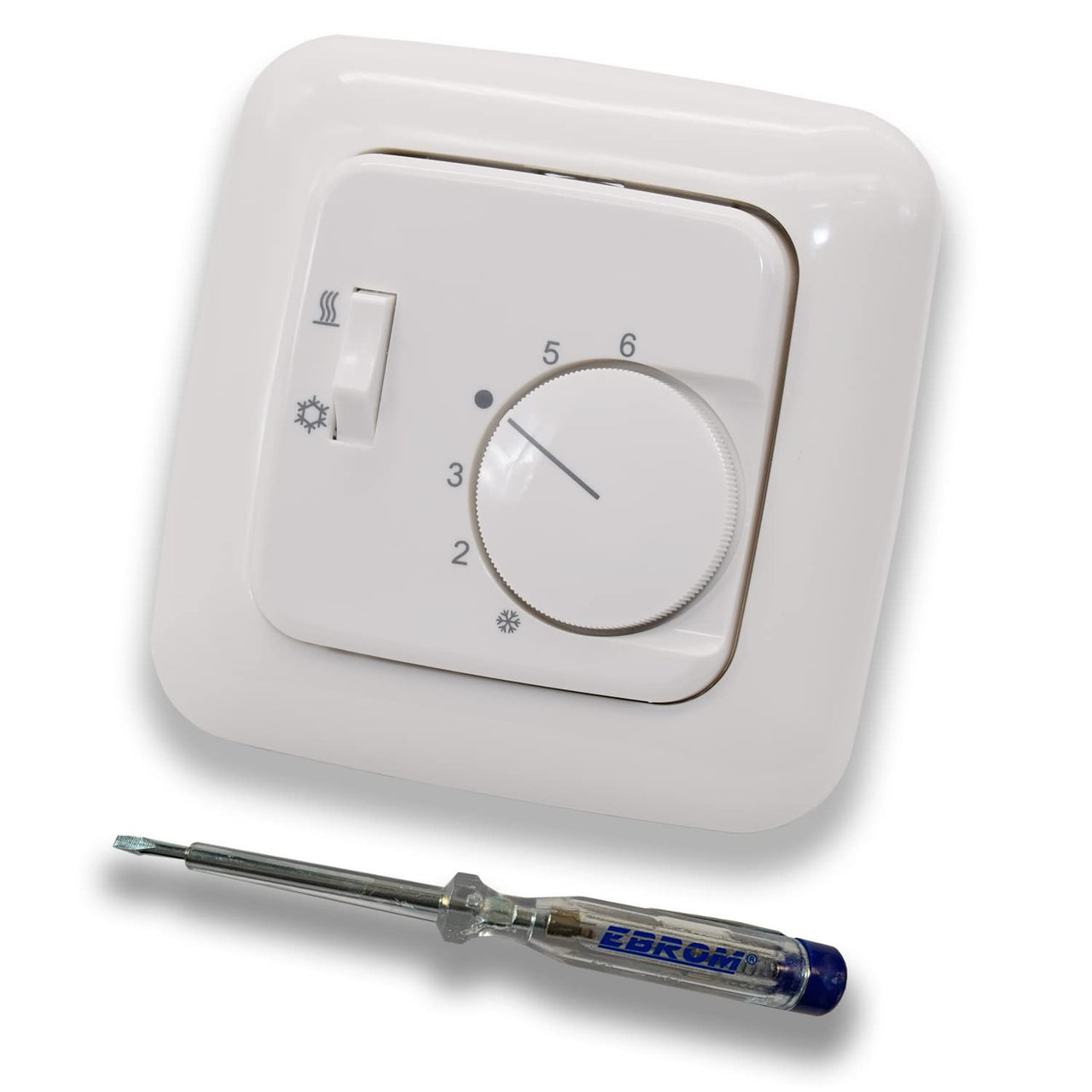 Halmburger Raumthermostat Raumtemperaturregler RTR-72rg mit Umschalter Heizen oder Kühlen in Busch Jäger Reflex SI alpinweiß im Rahmen + EBROM Phasenprüfer zur Montage des Geräts RTR-72 (rg)