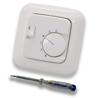 Halmburger Raumthermostat Raumtemperaturregler RTR-72rg mit Umschalter Heizen oder Kühlen in Busch Jäger Reflex SI alpinweiß im Rahmen + EBROM Phasenprüfer zur Montage des Geräts RTR-72 (rg)