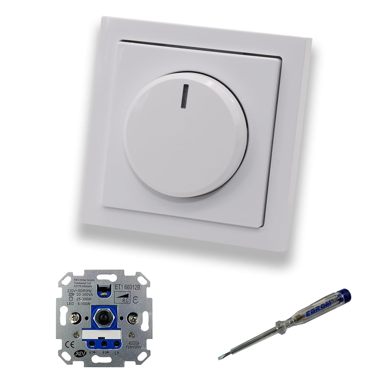 REV Ritter LED Drehdimmer LED-Dimmer mit Busch Jäger Dimmerscheibe Zentralplatte 6540-84-102 Einfachrahmen in Future Linear Studioweiß glänzend + EBROM Phasenprüfer z. Montage des Dimmers ET1 66012B
