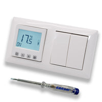 Halmburger Raumthermostat Raumtemperaturregler ERD-55rg DIGITAL in Busch Jäger Balance SI alpinweiß mit Serienschalter 2000/US + EBROM Phasenprüfer zur Montage der Geräte ERD-55 (rg) Fußbodenheizung
