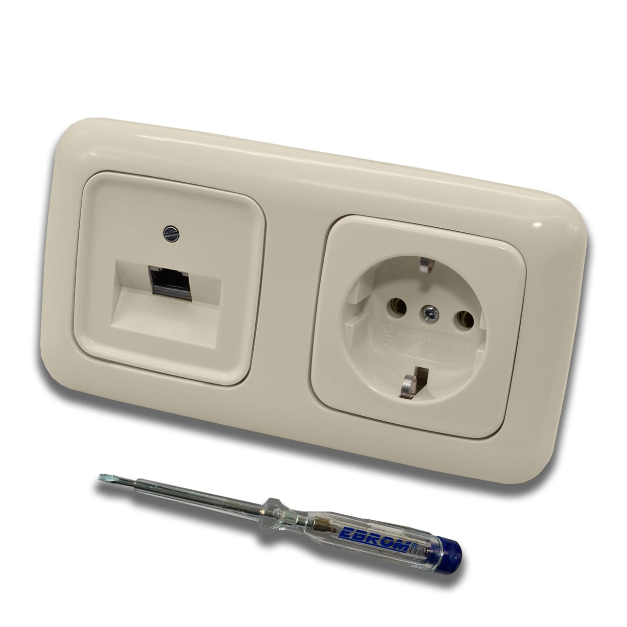 Busch Jäger, Rutenbeck Unterputz Netzwerkdose 10 Gigabit/S (10GbE) KAT6A 6A 1 x RJ45 Anschluss + Steckdose 20EUC-212 im BJ DUR2000 cremeweiß Design + EBROM Phasenprüfer z. Montage d. Geräte
