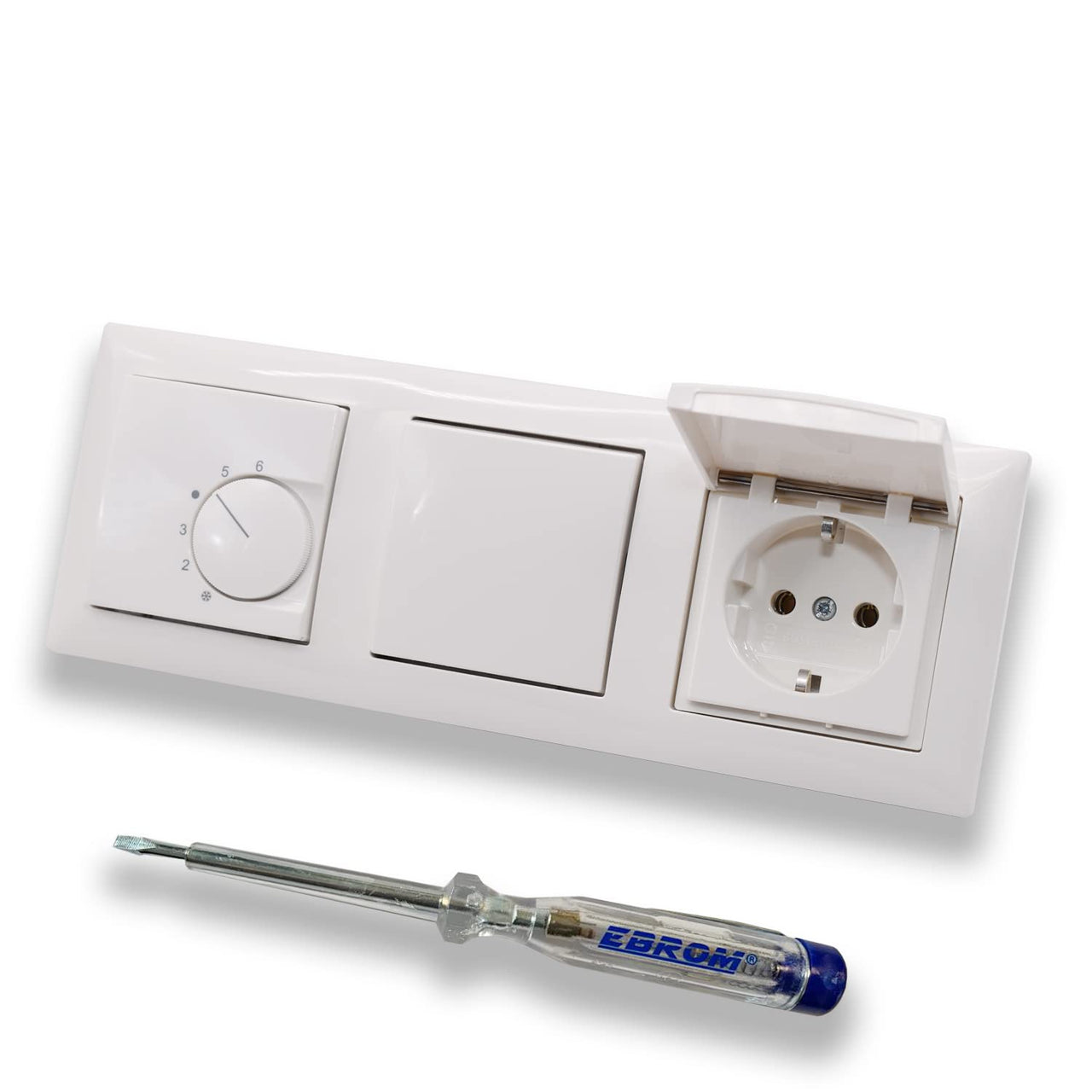 Halmburger UP Raumthermostat Raumtemperaturregler RTR-5510rg in Busch Jäger Balance SI alpinweiß Rahmen + Wechselschalter 2000/6 US + Klappsteckdose + EBROM Phasenprüfer z. Montage der Geräte RTR-5510