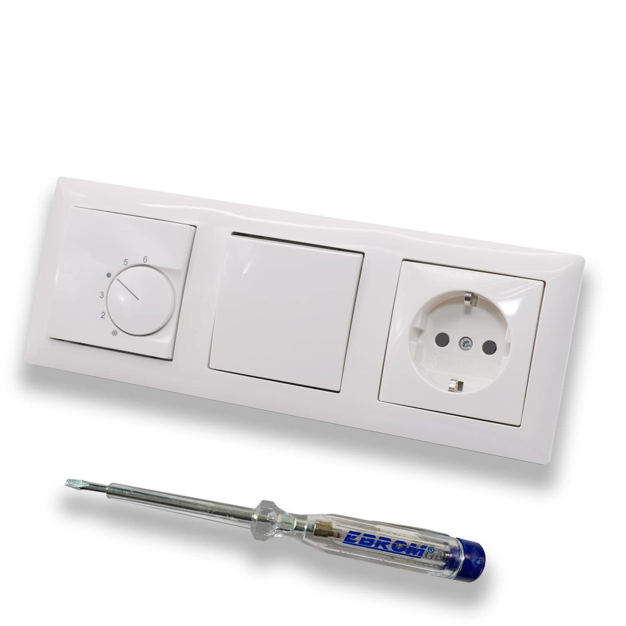 Halmburger UP Raumthermostat Raumtemperaturregler RTR-5510rg in Busch Jäger Balance SI alpinweiß + Wechselschalter 2000/6 US + Steckdose mit Kinderschutz + EBROM Phasenprüfer zur Montage der Geräte
