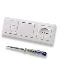 Halmburger UP Raumthermostat Raumtemperaturregler RTR-5510rg in Busch Jäger Balance SI alpinweiß + Taster Tastschalter 2020 US + Steckdose mit Kinderschutz + EBROM Phasenprüfer zur Montage der Geräte