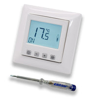 Halmburger Digitales Raumthermostat Raumtemperaturregler ERD-55rg DIGITAL in Busch Jäger Balance SI alpinweiß, 1-Fach Rahmen + EBROM Phasenprüfer zur Montage des Geräts ERD-55 (rg) Fußbodenheizung