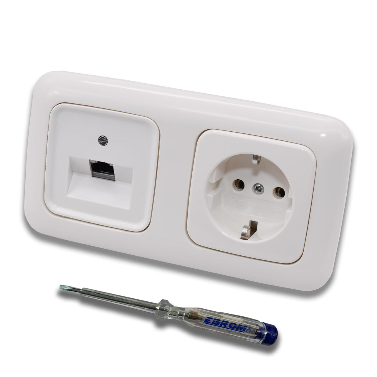 Busch Jäger, Rutenbeck Unterputz Netzwerkdose 10 Gigabit/S (10GbE) KAT6A 6A 1 x RJ45 Anschluss + Steckdose 20EUC-214 im BJ ReflexSi alpinweiß Design + EBROM Phasenprüfer z. Montage d. Geräte