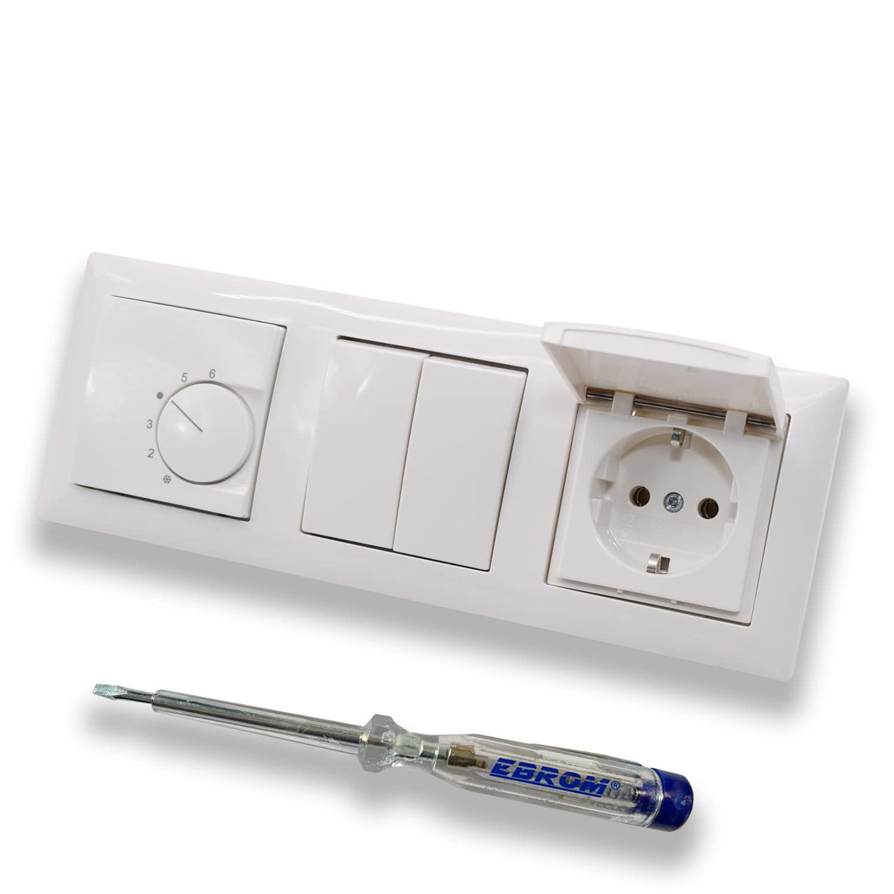 Halmburger UP Raumthermostat Raumtemperaturregler RTR-5510rg in Busch Jäger Balance SI alpinweiß Rahmen + Serienschalter 2000/5 US + Klappsteckdose + EBROM Phasenprüfer zur Montage der Geräte RTR-5510
