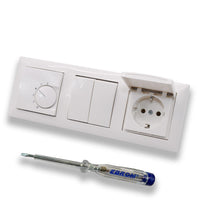Halmburger UP Raumthermostat Raumtemperaturregler RTR-5510rg in Busch Jäger Balance SI alpinweiß Rahmen + Serienschalter 2000/5 US + Klappsteckdose + EBROM Phasenprüfer zur Montage der Geräte RTR-5510