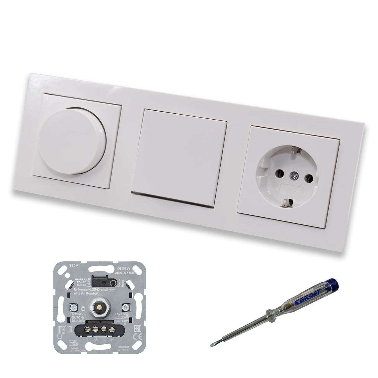 GIRA 245500 LED Drehdimmer Dimmer + Dimmerscheibe Zentralscheibe 065003 + Taster 015100 + Steckdose 418803 Gira E2 reinweiß glänzend + EBROM Phasenprüfer zur Montage der Geräte