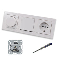 GIRA 245500 LED Drehdimmer Dimmer + Dimmerscheibe 065003 + Lichtschalter 010600 + Steckdose mit Kinderschutz 445303 Gira E2 reinweiß glänzend + EBROM Phasenprüfer zur Montage der Geräte
