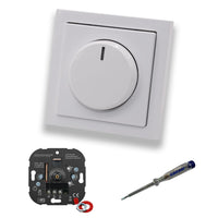 EBROM 1001 LED-Drehdimmer LED Dimmer mit Busch Jäger Dimmerscheibe Zentralplatte 6540-84-102 Einfachrahmen in Future Linear Studioweiß glänzend inklusive EBROM Phasenprüfer zur Montage des Dimmers