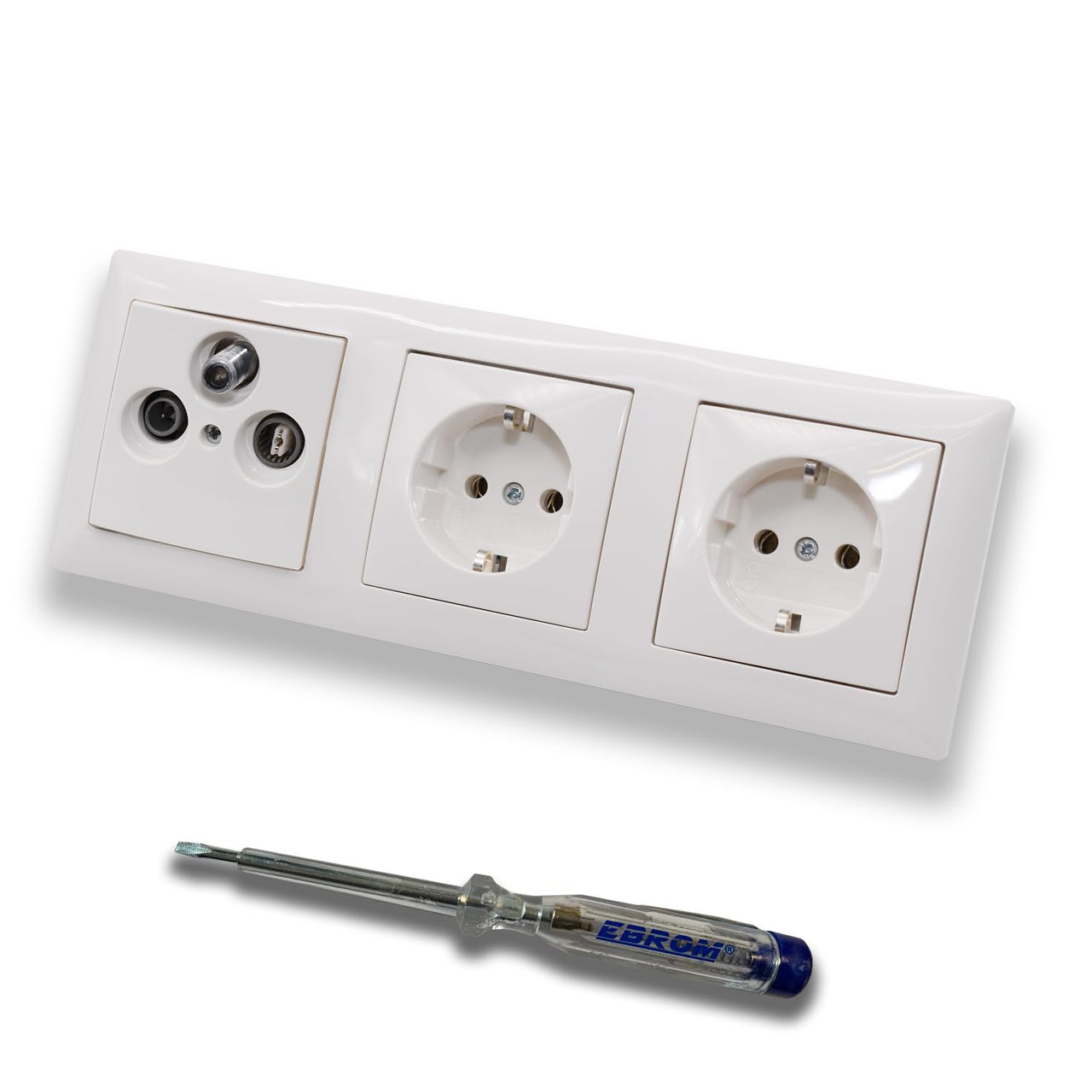 Busch Jäger SET: Unterputz 3Loch Dose 47-2150 MHz, Enddose Stichdose, Radio/TV/SAT-Kompatibilität + BalanceSi alpinweiß 3fach Rahmen + 2x Steckdose 20EUC-914 + EBROM Phasenprüfer zur Montage d. Geräte