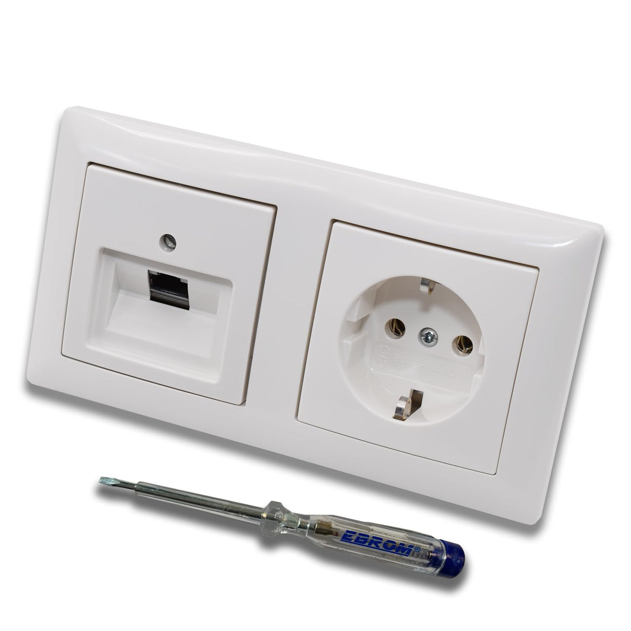 Busch Jäger, Rutenbeck Unterputz Netzwerkdose 10 Gigabit/S (10GbE) KAT6A 6A 1 x RJ45 Anschluss + Steckdose 20EUC-914 im BJ BalanceSi alpinweiß Design + EBROM Phasenprüfer z. Montage d. Geräte