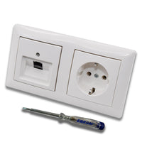 Busch Jäger, Rutenbeck Unterputz Netzwerkdose 10 Gigabit/S (10GbE) KAT6A 6A 1 x RJ45 Anschluss + Steckdose 20EUC-914 im BJ BalanceSi alpinweiß Design + EBROM Phasenprüfer z. Montage d. Geräte