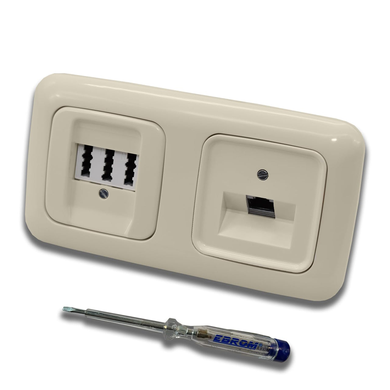 Busch Jäger, Rutenbeck Unterputz Netzwerkdose 10 Gigabit/S (10GbE) KAT6A 6A 1xRJ45 Anschluss + EBROM Telefon TAE 3x6 NFN Dose im BJ DUR2000 cremeweiß Design + EBROM Phasenprüfer z. Montage d. Geräte