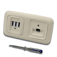 Busch Jäger, Rutenbeck Unterputz Netzwerkdose 10 Gigabit/S (10GbE) KAT6A 6A 1xRJ45 Anschluss + EBROM Telefon TAE 3x6 NFN Dose im BJ DUR2000 cremeweiß Design + EBROM Phasenprüfer z. Montage d. Geräte