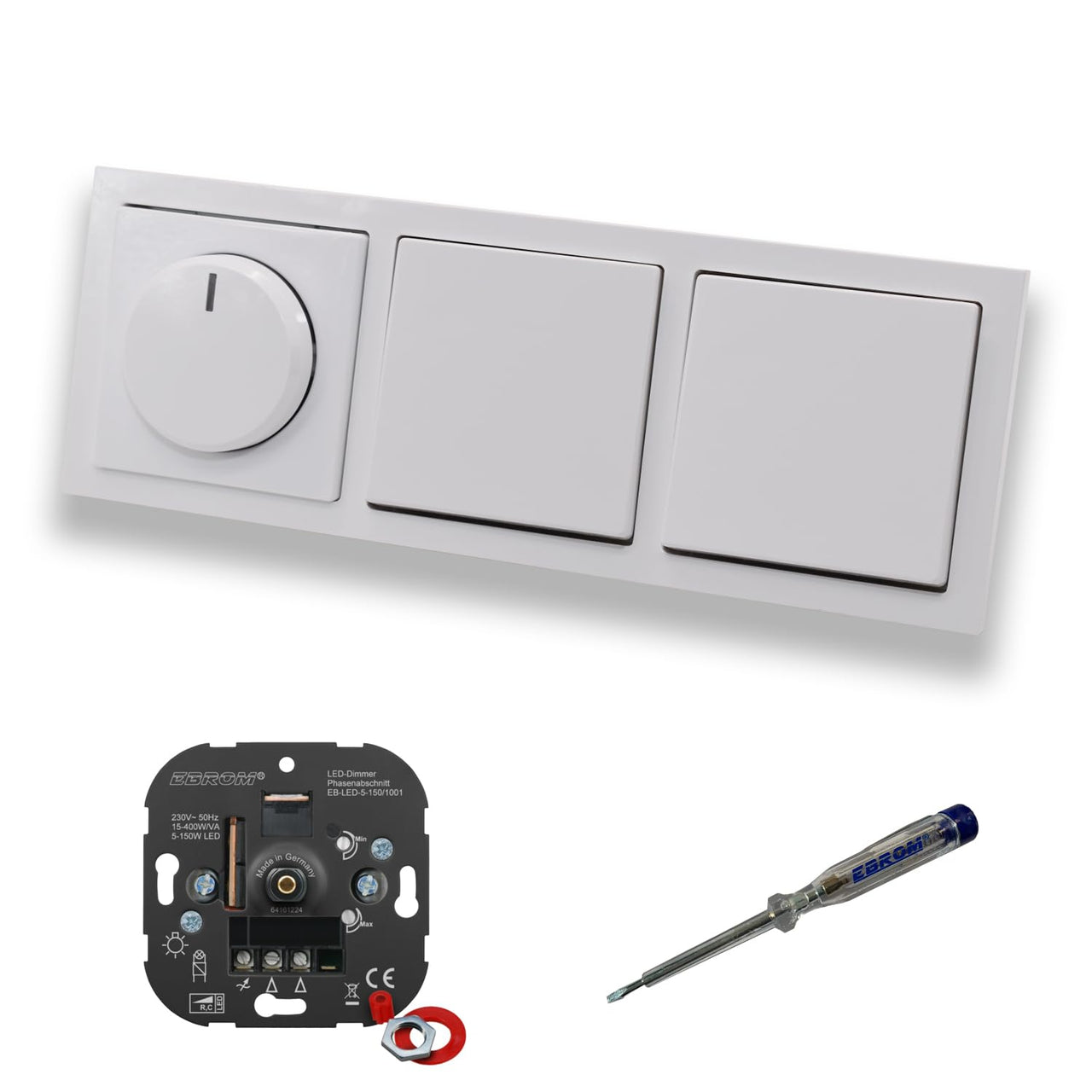 EBROM 1001 LED Drehdimmer Dimmer + Busch Jäger Dimmerscheibe 6540-84-102 und 2 x Lichtschalter 2000/6 US in Future Linear Studioweiß glänzend inklusive EBROM Phasenprüfer zur Montage der Geräte