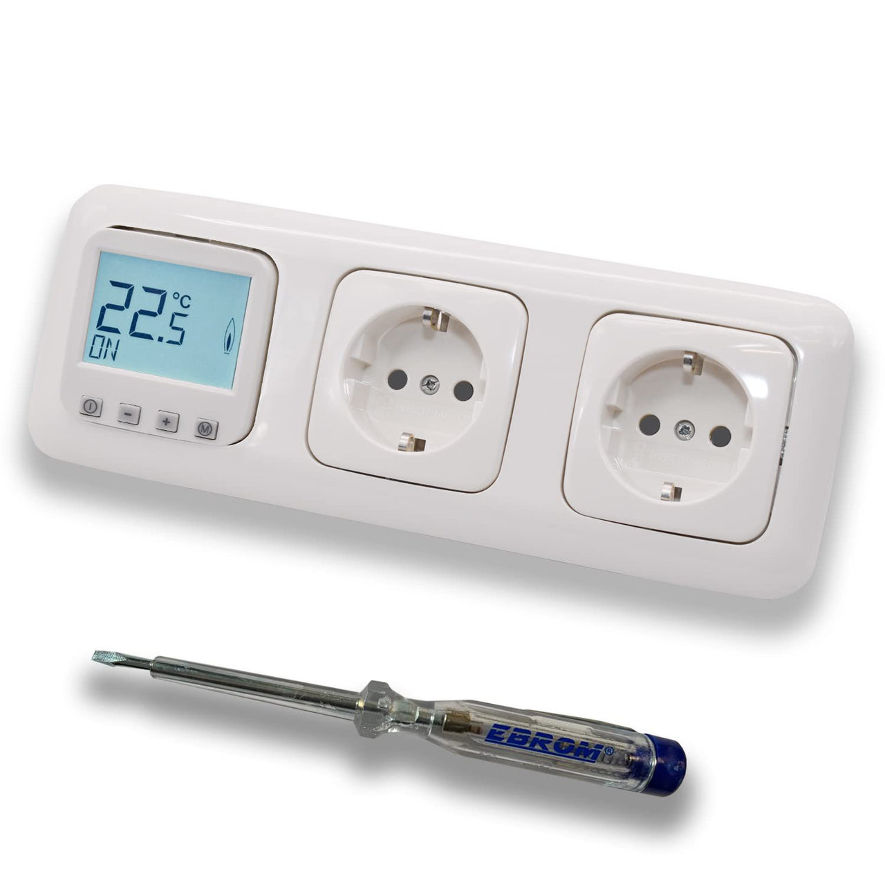 Halmburger Raumthermostat Raumtemperaturregler ERD-1Urg DIGITAL in Busch Jäger Reflex SI alpinweiß + 2 x Steckdose mit Berührungsschutz + EBROM Phasenprüfer zur Montage der Geräte, Fußbodenheizung