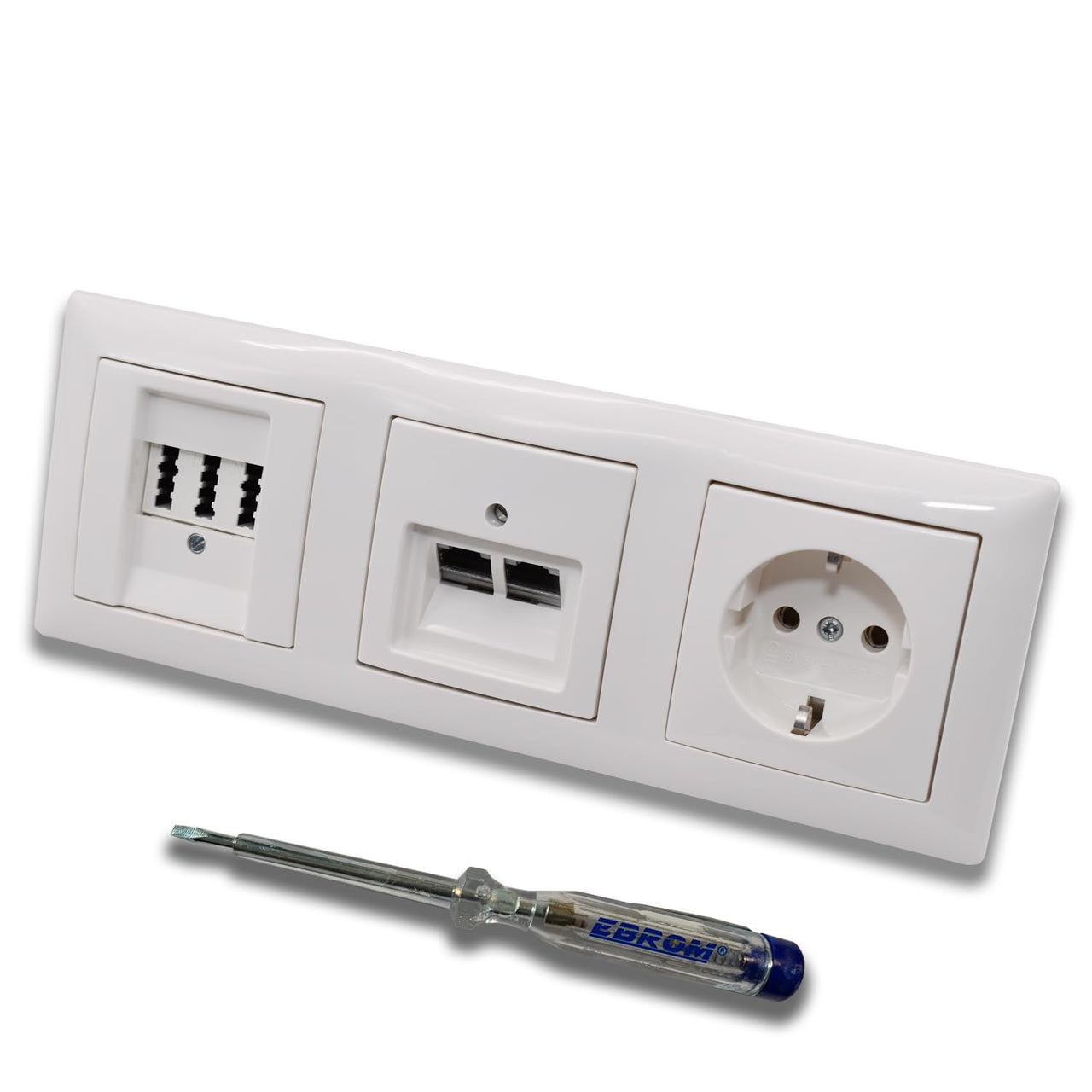Busch Jäger, Rutenbeck Unterputz Netzwerkdose 10 Gigabit/S 10GbE KAT6A 6A 2xRJ45 Anschluss + EBROM Telefon TAE 3x6 NFN + Steckdose BalanceSi alpinweiß Design + EBROM Phasenprüfer z. Montage d. Geräte