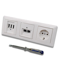 Busch Jäger, Rutenbeck Unterputz Netzwerkdose 10 Gigabit/S 10GbE KAT6A 6A 2xRJ45 Anschluss + EBROM Telefon TAE 3x6 NFN + Steckdose BalanceSi alpinweiß Design + EBROM Phasenprüfer z. Montage d. Geräte