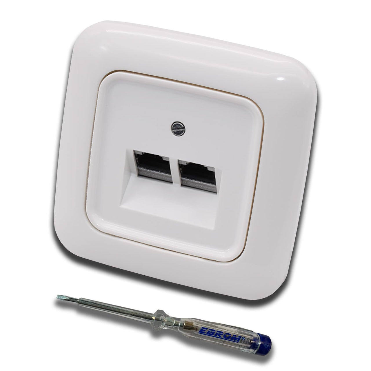 Busch Jäger, Rutenbeck Unterputz Netzwerkdose Ethernet 10 Gigabit/S (10GbE) KAT6A 6A - 2x RJ45 Anschluss in ReflexSi alpinweiß Rahmen und UAE Abdeckung inkl. EBROM Phasenprüfer zur Montage des Geräts