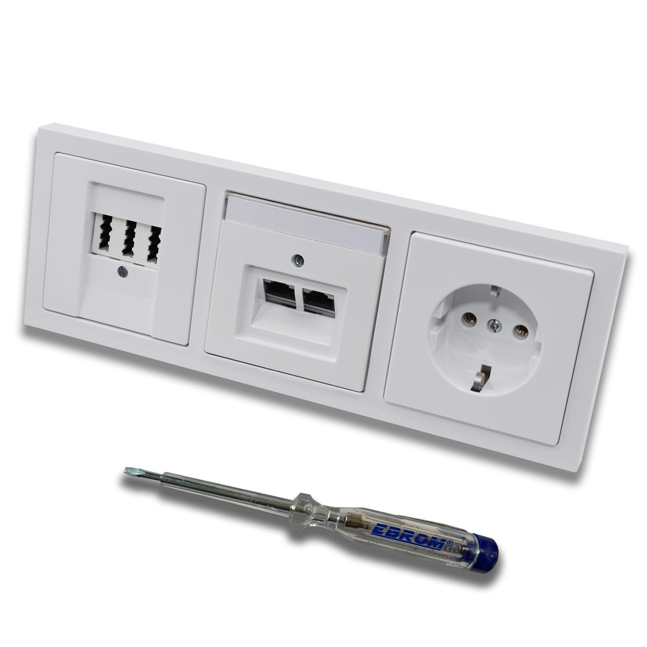 Busch Jäger, Rutenbeck Unterputz Netzwerkdose 10 Gigabit/S 10GbE KAT6A 6A 2x RJ45 Anschluss + EBROM Telefon TAE 3x6 NFN + Steckdose Future Linear Studioweiß + EBROM Phasenprüfer zur Montage d. Geräte
