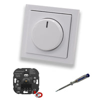 EBROM 1003 Universal ECO LED-Drehdimmer LED Dimmer mit Busch Jäger Dimmerscheibe Zentralplatte 6540-84-102 Einfachrahmen in Future Linear Studioweiß glänzend + EBROM Phasenprüfer z. Montage des Geräts
