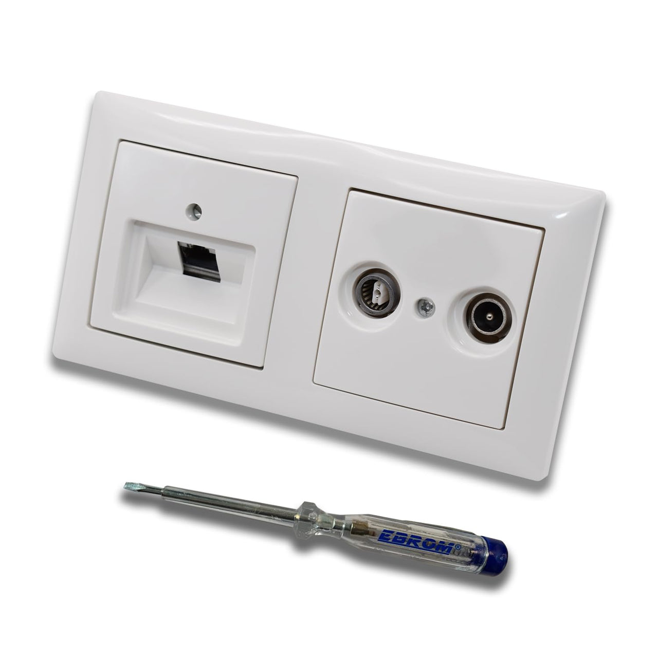 Busch Jäger, Rutenbeck Unterputz Netzwerkdose 10 Gigabit/S (10GbE) KAT6A 6A 1 x RJ45 Anschluss + WISI 2-Loch Durchgangsdose im BJ BalanceSi alpinweiß Design + EBROM Phasenprüfer z. Montage d. Geräte
