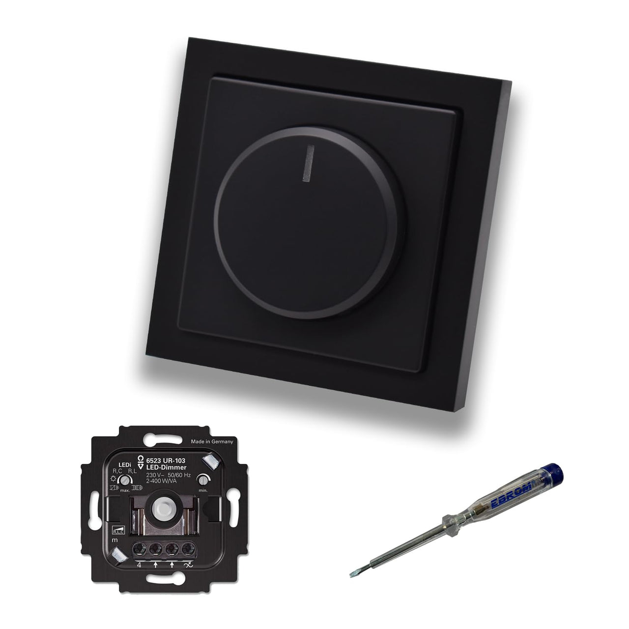 Busch Jäger 6523UR-103 LED-Drehdimmer LED-Dimmer mit Dimmerscheibe Zentralplatte 6540-885-102 Einfachrahmen in Future Linear schwarz matt + EBROM Phasenprüfer z. Montage des Dimmers 6523 UR-103