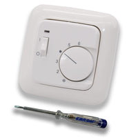 Halmburger Raumthermostat Raumtemperaturregler RTR-77rg mit Schalter AN/AUS in Busch Jäger Reflex SI alpinweiß im Rahmen + EBROM Phasenprüfer zur Montage des Geräts RTR-77 (rg) Fußbodenheizung
